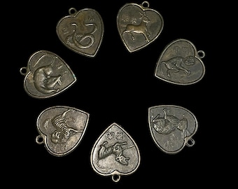 Vintage Chinese Zodiac Charm Rabbit Snake Tiger Monkey Rat Dog Heart Pendant Bronze Tone Astrology Charm Sold Individually