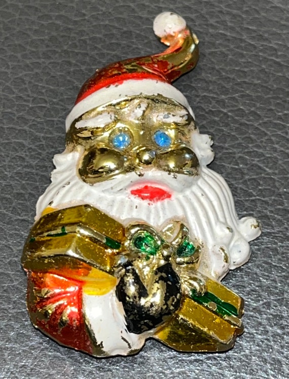 Vintage Rhinestone Santa Claus Brooch Blu eyed San