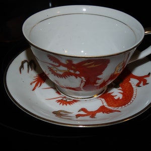 Vintage Porcelain Ming Chinese Red Dragon Teacup & Saucer Set, Made in Japan image 2