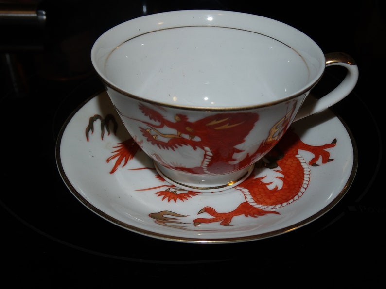 Vintage Porcelain Ming Chinese Red Dragon Teacup & Saucer Set, Made in Japan image 2