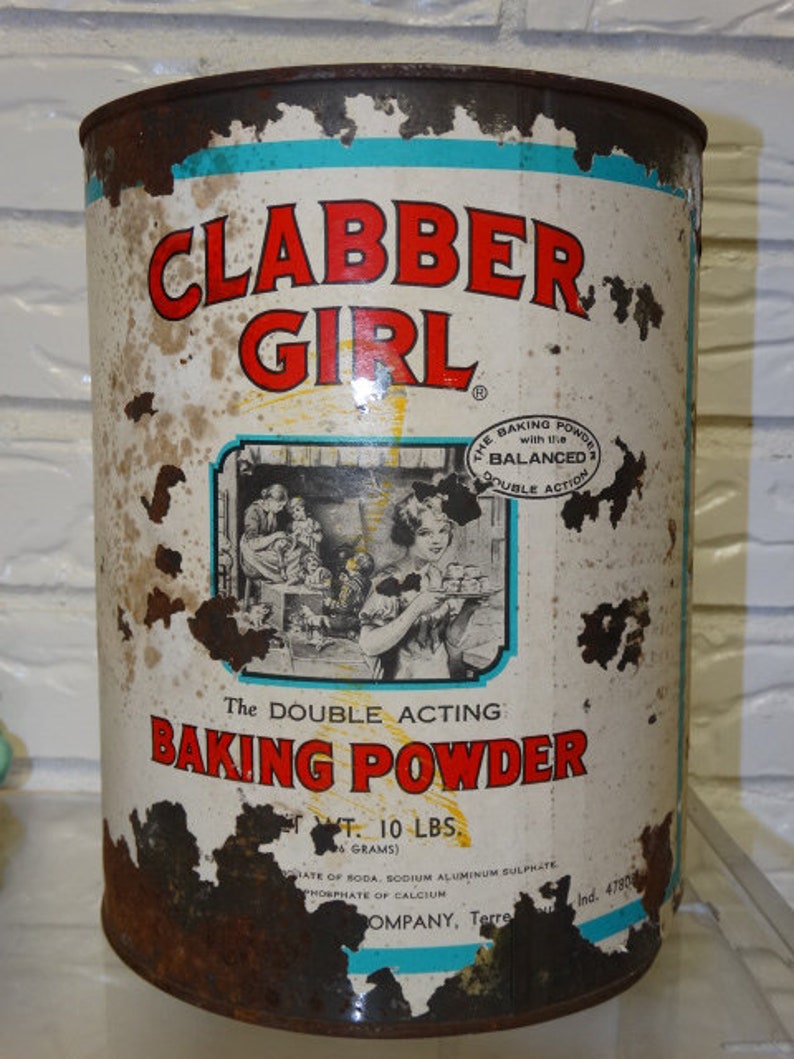 Clabber Girl Baking Powder Tin Large 10 lb Baking powder tin can Baking Tincan antique tin Vintage Clabber Girl Tin Can vintage kitchen