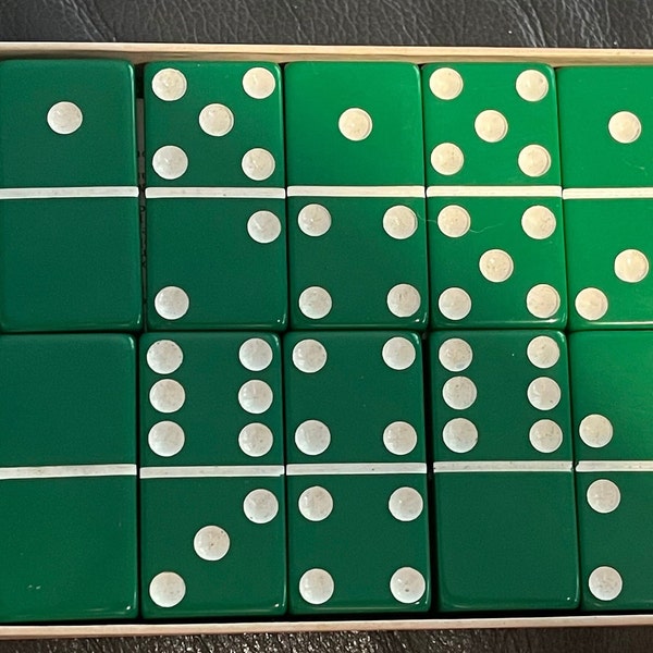 Vintage Dark Green Bakelite Set of 28 Dominos - Game Pieces, MCM Dominos, Marblelike Dominos, Brilliant Green Dominos