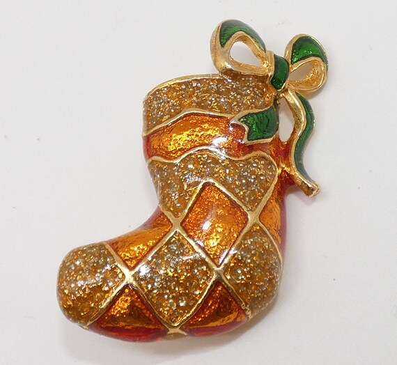 Vintage Stocking Pin, Golden Enameled Glitter Sto… - image 1