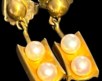 Vintage Steve Vaubel 14K Gold Pearl Dangle Earrings: Designer Jewelry