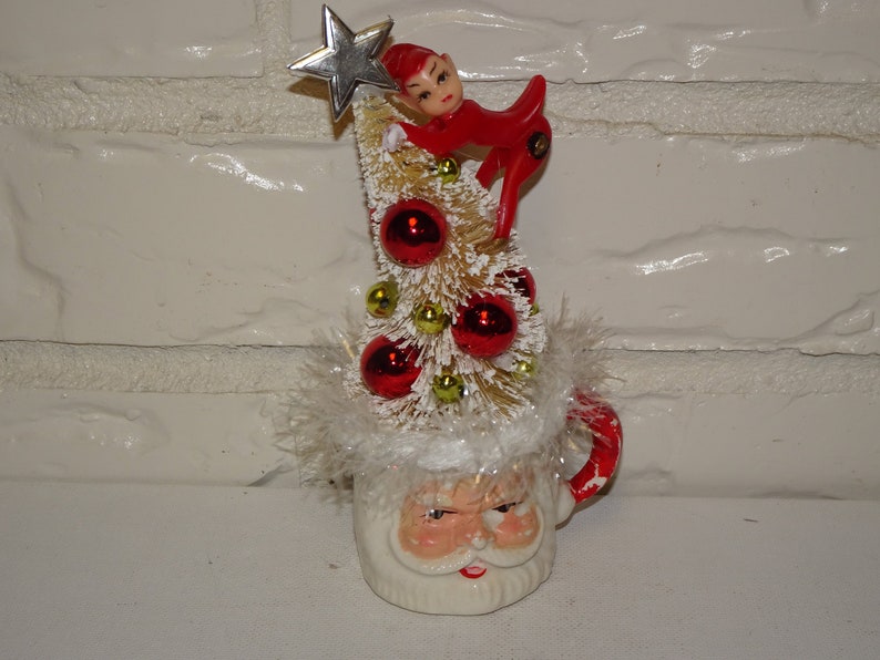 Pixie Retro Christmas Decoration Bottle Brush Trees Up Cycled Santa Mug Cup Mid Century Elf Red Elf