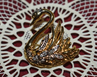 Vintage Gold & Rhinestone Swan Brooch, MARVELLA Elegant Swan Brooch