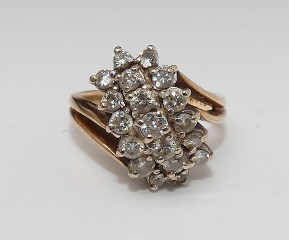 Vintage 14K Gold Diamond Ring, Cluster Pave Diamo… - image 1