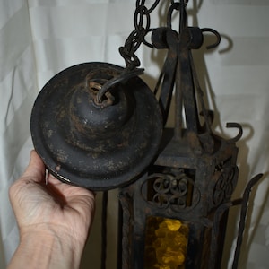 1930 Medieval Gothic Spanish Revival Wrought Iron Pendant Light Scrolled Chandelier w/Goldenrod Stained Glass Panels Home Décor Swag image 3