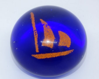 Vintage Cobalt Blue & Orange Sailboat Paperweight, Glass Paperweight