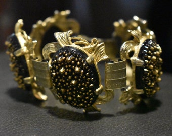Vintage Judy Lee Chunky Statement Bracelet, Signed Designed Gold tone w/black & speckled stones.
