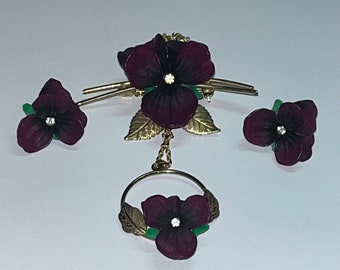 Vintage African Violet Jewelry Set, Celluloid, Rhinestone, Purple Violets, Earrings, Brooch, & Pendant Set, Mothers Day Violets