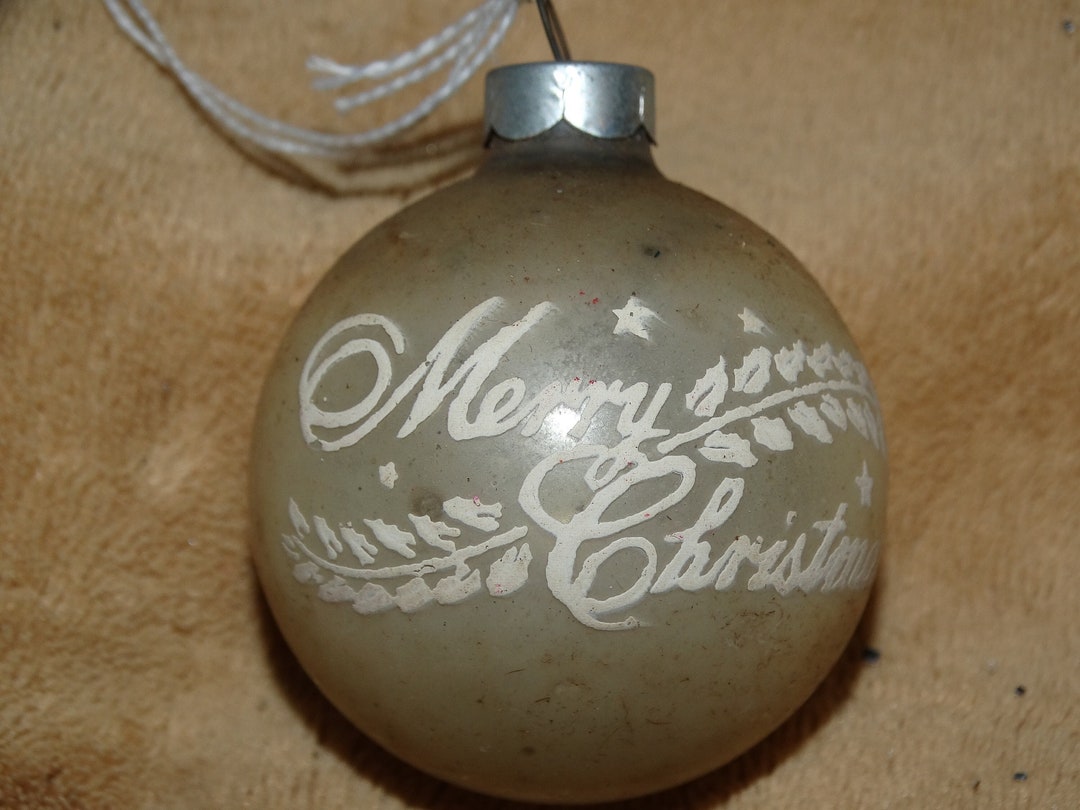 Vintage Glass Ornament, White Beige Merry Christmas Ornament Aluminum