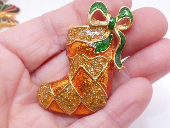 Vintage Stocking Pin, Golden Enameled Glitter Sto… - image 2