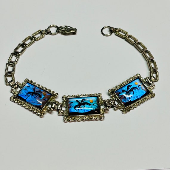 Vintage Butterfly Wing Bracelet Morpho Iridescent Butterfly Wings Hand Painted Tropical Palm Trees Etsy