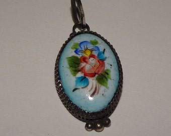 Vintage Russian Finfit Enamel, Porcelain Hand Painted Flower Silver Filigree Pendant, Baby Blue, Roses, Flowers Bouquet