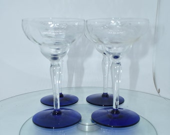 Vintage 1930s Weston Cut Glass Champagne/Tall Sherbet WGL40, With Floral Design, Cobalt Foot, Beautiful! (4)