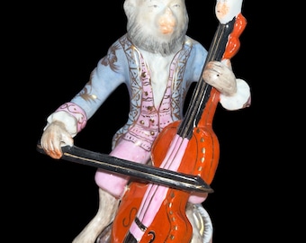 Vintage Anthropomorphic Monkey Cellist Figurine Porcelain Whimsical Musician Statue