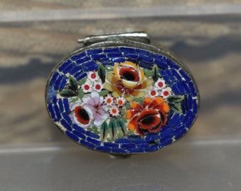 Vintage Italian Micro Mosaic Pill Box Trinket Flower Bouquet Silver Tone Italy, Italian Mosaic Miniature Box