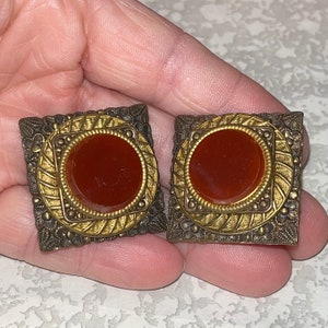 Vintage Revival Brass Metal Clip On Earrings Oval Burnt Orange Cabachon