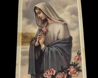 Vintage Virgin Mary Holy Card Madonna Roses Religious Devotional Art No. 301
