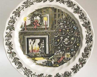Merry Christmas by Johnson Brothers, 12" Chop Plate/Round Platter / Discontinued, 1958 - 1995, Tree, Holly, Fireplace, Wreath, Candles