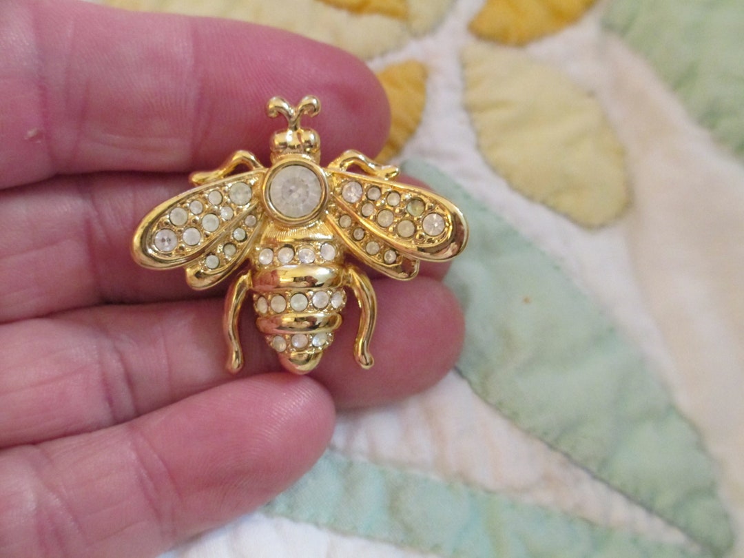 Broche Vintage Signée En Cristal Swarovski - Abeille (Bumble Bee) - Métal Doré - Occasion Bon état