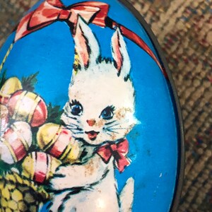 Vintage Lithograph White Bunny Tin Egg, Easter Bunny egg British Crown Colony, Made in Hong Kong, Easter Egg Basket Décor image 3