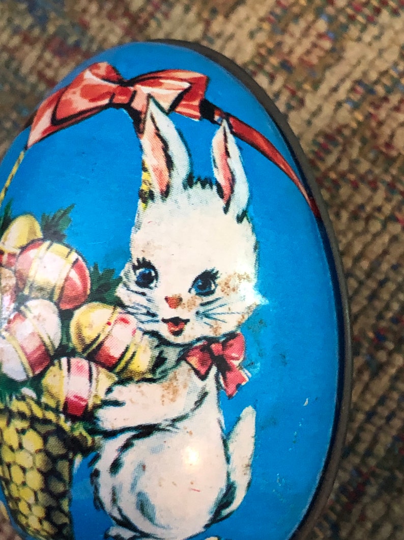 Vintage Lithograph White Bunny Tin Egg, Easter Bunny egg British Crown Colony, Made in Hong Kong, Easter Egg Basket Décor image 3