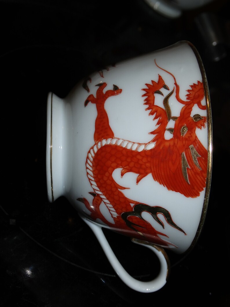 Vintage Porcelain Ming Chinese Red Dragon Teacup & Saucer Set, Made in Japan image 4