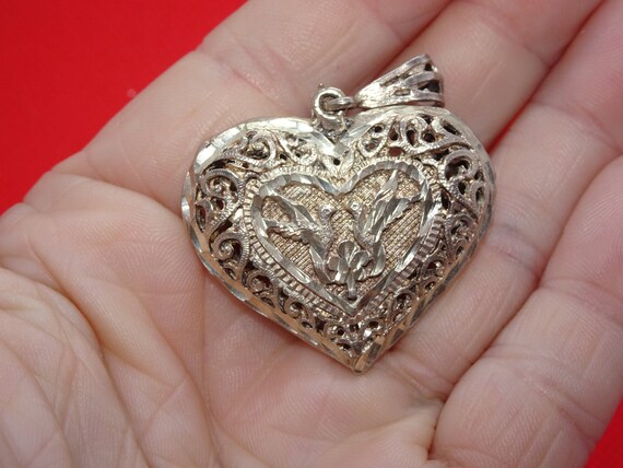 Sterling Silver Hollow Filigree Heart, Dove Penda… - image 5