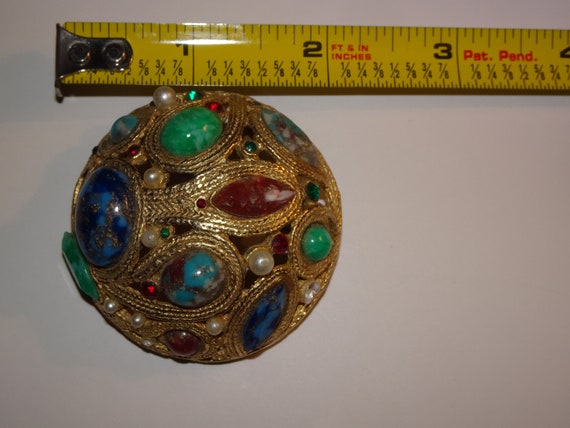 Vintage Oval Gold & Multi-Colored Stoned Brooch, … - image 9
