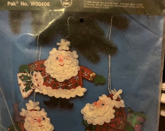 Felt Santa Puff Ornaments 1984 Bernat 3 Santa Puffs Ornaments Felt Applique Christmas Kit  # W00406, Christmas Tree Decoration