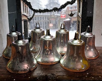 Vintage MCM Silver Plastic Christmas Bells: Atomic Holiday Decor (Set of 7 + Damaged Bell - Lot #39B