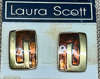 Vintage Laura Scott Enameled Earrings, Gold Tone Carmel Brown Colored