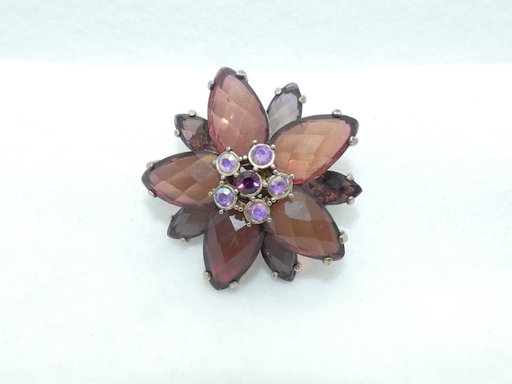 Vintage Purple Glass Flower Brooch, Silver Tone F… - image 4