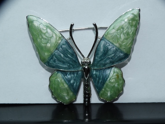 Vintage Blue & Green Butterfly Brooch, Insect Pin… - image 1