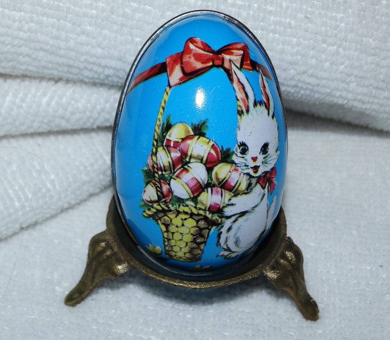 Vintage Lithograph White Bunny Tin Egg, Easter Bunny egg British Crown Colony, Made in Hong Kong, Easter Egg Basket Décor image 1