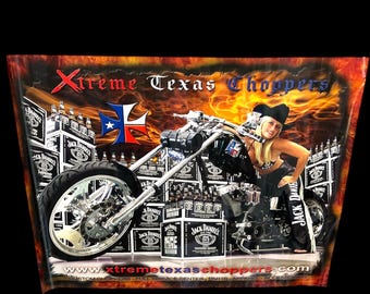 Motorcycle Babe, 1990's Extreme Texas Choppers Jack Daniels Poster, Girl dressed in Leather