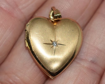 Vintage 14K Yellow Gold Heart Photo Locket with Diamond, Puffy Satin Photograph Locket, Valentine Locket Pendant