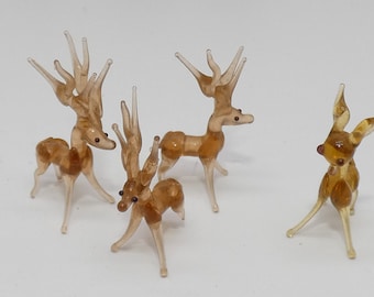 Vintage Cute Glass Reindeer, Deer (4) , MINIATURE, Mid Century Glass Art, Brown Deer, Buck Figurers, Art Sculpturers