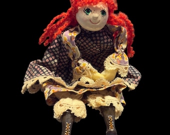Vintage Wilkinson Doll 7 Inch Cloth Doll Red Yarn Hair Green Eyes Handmade