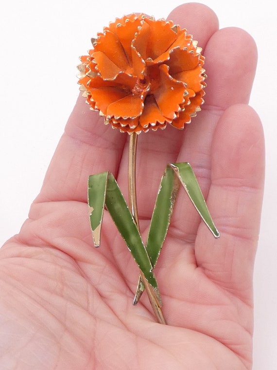 Vintage Orange Flower Pin, Flower Brooch, Enamel … - image 3