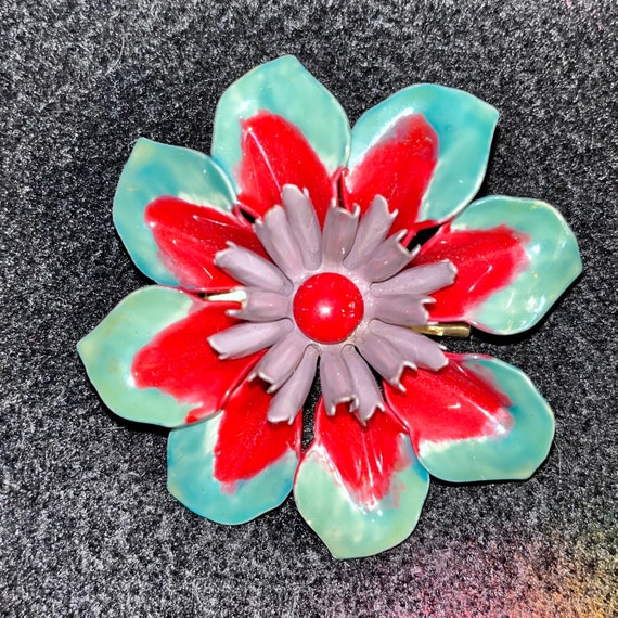 Vintage Red & Green Flower Pin, Flower Brooch, Ena