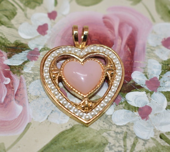 Gold Tone Pearl Pink Heart Pendant, Shabby Chic G… - image 1