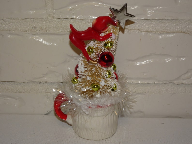 Pixie Retro Christmas Decoration Bottle Brush Trees Up Cycled Santa Mug Cup Mid Century Elf Red Elf