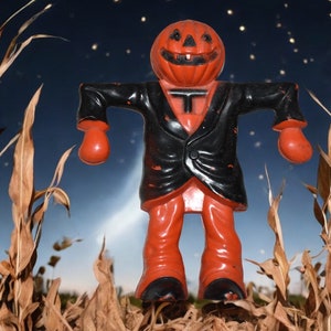 Rosbro Scarecrow Jackolantern Plastic Halloween Orange & Black Vintage 50s Candy Container