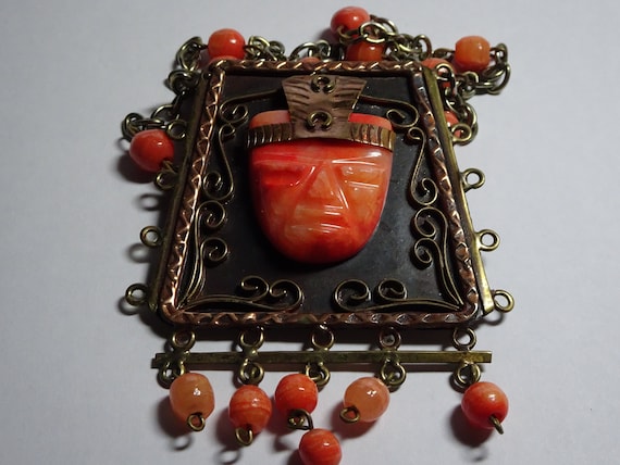 Fantastic Huge Copper Carved Tribal face Necklace… - image 1