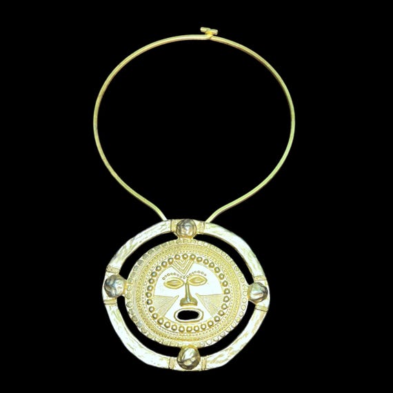 Vintage Gold Tone Aztec Mayan Brooch Pendant: Boh… - image 1