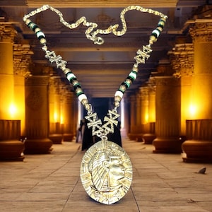 80s Egyptian Revival Pendant Necklace, Cleopatra Jewelry, Grecian Style, Statement Costume Necklace, Vintage Gold Tone