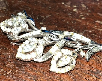 Vintage Crown Silver Tone Trifari Alfred Philippe Rhinestone Brooch Pin - Missing 2 Stones, 3 Flower Stem Brooch
